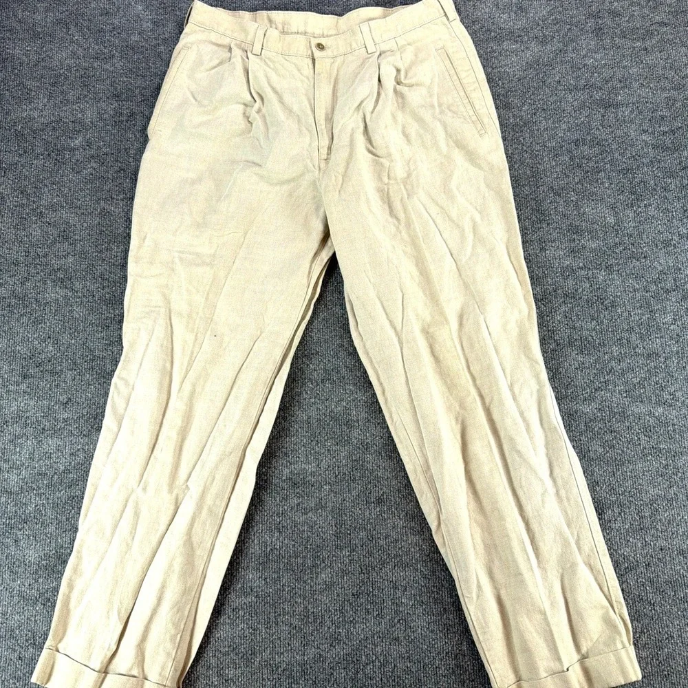 Savane Deep Dye Mens 36x30 Pleated‎ Cuffed Cotton Linen Blend Khaki Chino Pants